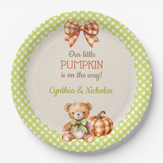 Herfst geruite teddybeer pompoen papieren bordje (Voorkant)
