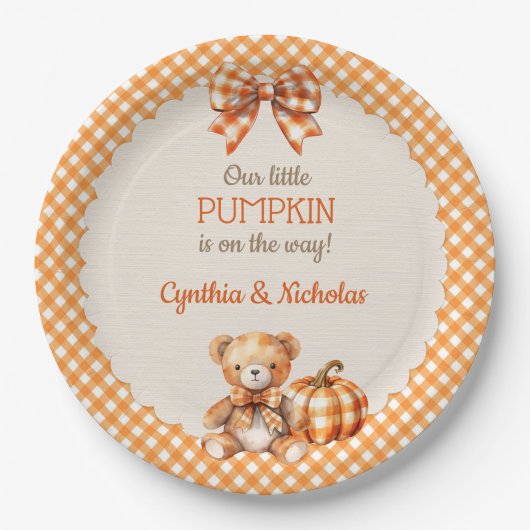 Herfst geruite teddybeer pompoen papieren bordje (Voorkant)