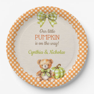 Herfst geruite teddybeer pompoen papieren bordje