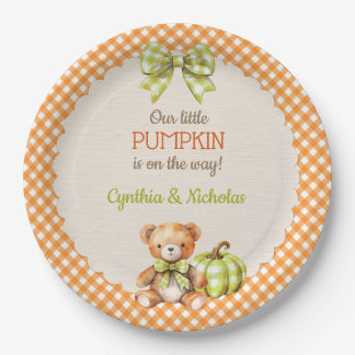 Herfst geruite teddybeer pompoen papieren bordje