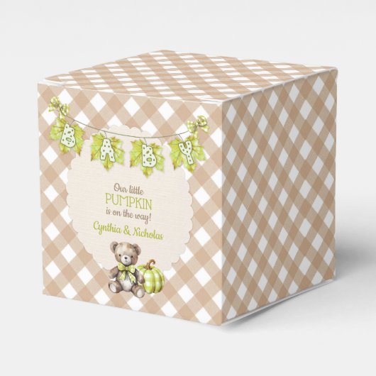 Herfst geruite teddybeer pompoenbladeren bedankdoosjes (Voorkant Zijde)