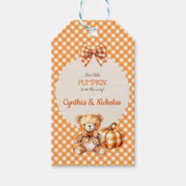 Herfst geruite teddybeer pompoenbladeren cadeaulabel