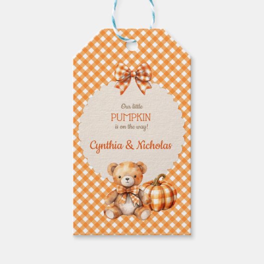 Herfst geruite teddybeer pompoenbladeren cadeaulabel (Voorkant)