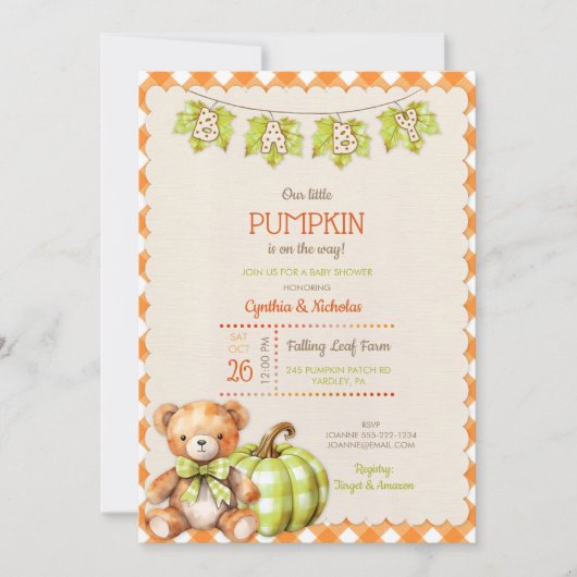 Herfst geruite teddybeer pompoenbladeren kaart (Voorkant)