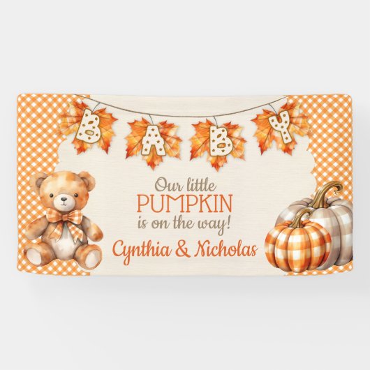 Herfst geruite teddybeer pompoenbladeren spandoek (Horizontaal)
