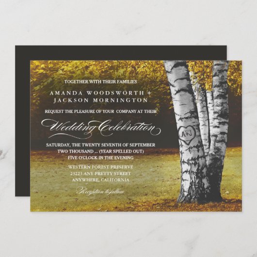 Herfst gesneden hart berk boom bruiloft uitnodigin kaart (Voorkant / Achterkant)