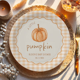 Herfst Gingham Kleine Pompoen Baby Shower Papieren Bordje