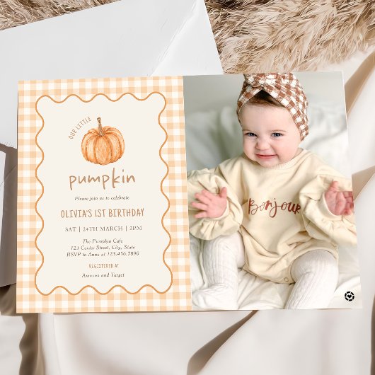Herfst Gingham Kleine Pompoen Verjaardagsfoto Kaart