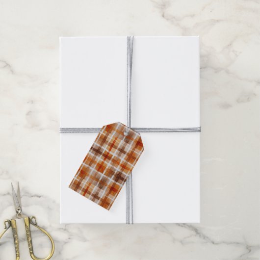 Herfst Gingham Oranje Bruin Crème Geruit Cadeaulabel (Met Touw)