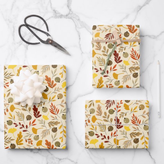 Herfst Ginkgo Leaves en Olive Pattern Inpakpapier Vel (Voorkant)