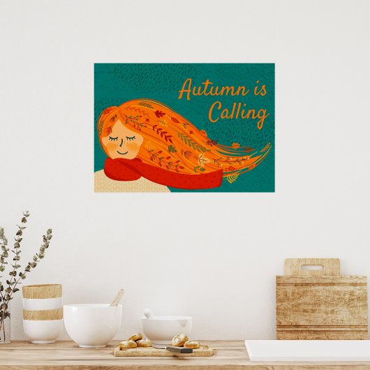 Herfst Girl Red Scarf, personaliseer Poster (Keuken)