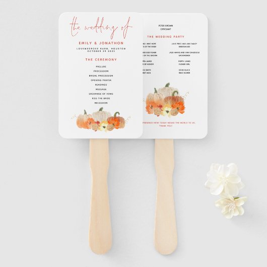 Herfst Glittery Pumpkins Florals Wedding Programme Handwaaier (Voorkant en achterkant)