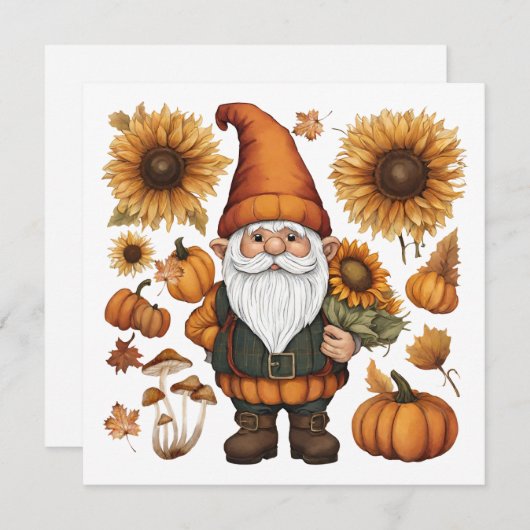 Herfst Gnome met Pompoenen en Zonnebloemen Feestdagenkaart (Voorkant / Achterkant)