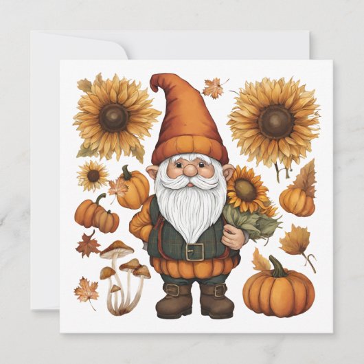 Herfst Gnome met Pompoenen en Zonnebloemen Feestdagenkaart (Voorkant)