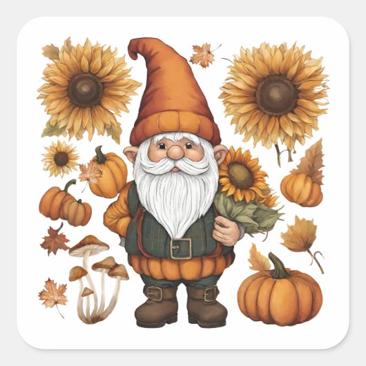 Herfst Gnome met Pompoenen en Zonnebloemen Vierkante Sticker (Voorkant)