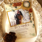 Herfst Gold, Bronzen Sage Groene Proteas Bruiloft Kaart