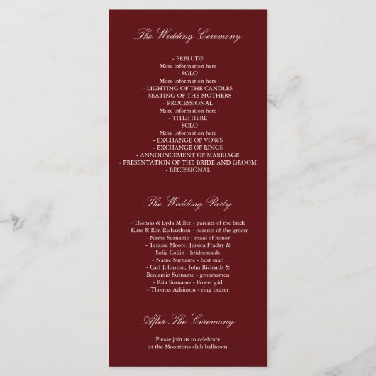 Herfst Gold en Bourgogne verlaat huwelijksprogramm Programmakaart (Achterkant)