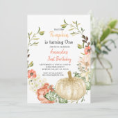 Herfst Gold Glitter Pumpkin 1e verjaardag Uitnodig Kaart (Staand voorkant)