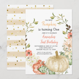 Herfst Gold Glitter Pumpkin 1e verjaardag Uitnodig Kaart