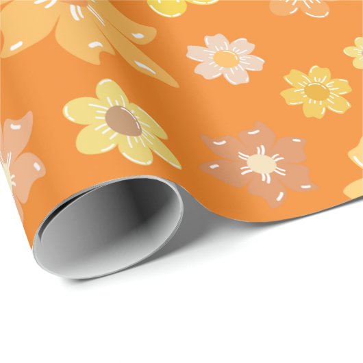 Herfst Golden Flowers Naadloos Sinaasappel Cadeaupapier (Rol Hoek)