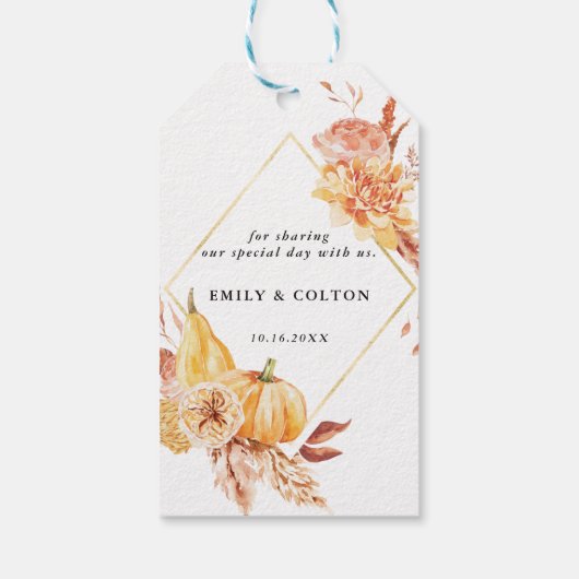 Herfst Goud Bloemige Pompoen Trouw Dank Je Wel Cadeaulabel (Achterkant)