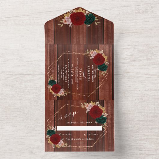 Herfst Goud Bourgogne Houten Smaragd Groen All In One Uitnodiging (Binnen)