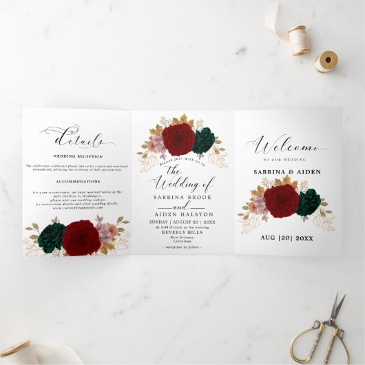 Herfst Goud Bourgogne Smaragd Greeny Floral Drieluik Aankondiging (Binnen)