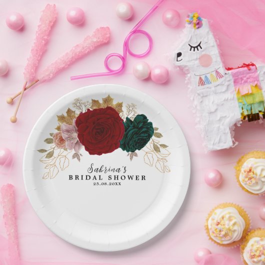 Herfst Goud Bourgogne Smaragd Greeny Floral Papieren Bordje (Feest)