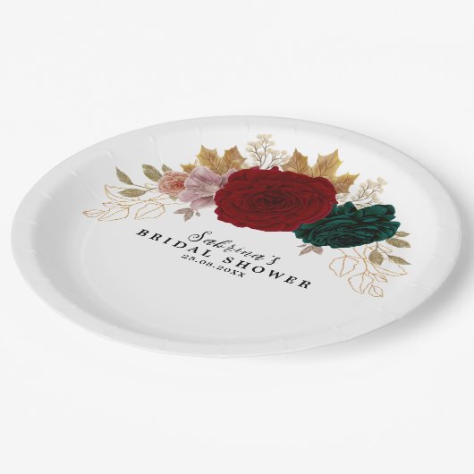 Herfst Goud Bourgogne Smaragd Greeny Floral Papieren Bordje (Gekanteld)