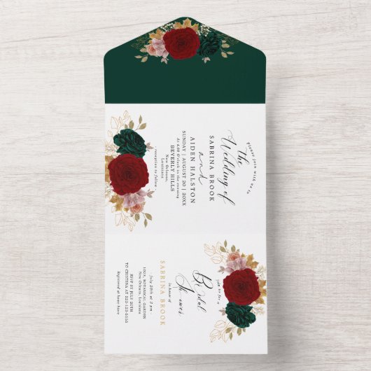 Herfst Goud Bourgondië Emerald Greeny bruiloft All In One Uitnodiging (Binnen)