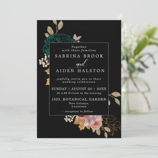 Herfst Goud Bourgondië Emerald Greeny bruiloft Kaart (Staand voorkant)