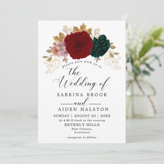 Herfst Goud Bourgondië Emerald Greeny bruiloft Kaart (Staand voorkant)