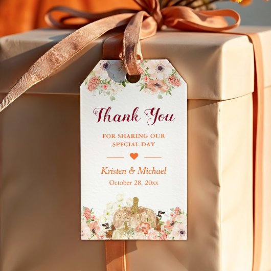 Herfst Goud Glitters Pompoen Bloemige Herfst Dank Cadeaulabel