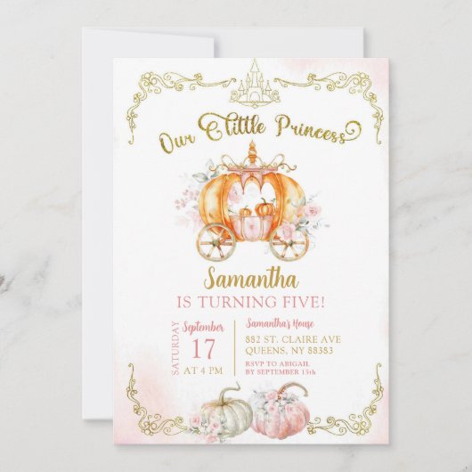 Herfst Goud Roze Prinses Pompoen Carriage Birthday Kaart (Voorkant)