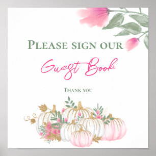 Herfst Goud Wit en Roze Pompoen Guestbook Poster