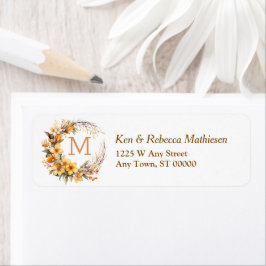 Herfst Gouden Bloemenkrans Monogram Terugkeeradres Etiket
