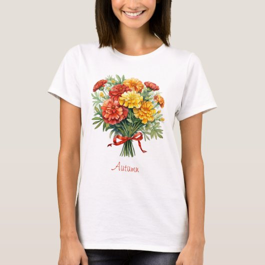 Herfst goudsbloem boeket rood lint T-shirt (Voorkant)