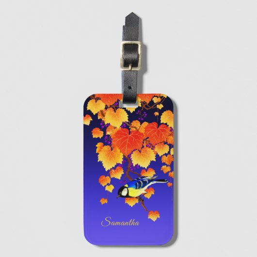 Herfst Grape Vine Great Tit Bird Leaves Blue Bagagelabel (Voorkant (verticaal))
