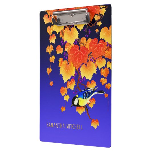 Herfst Grape Vine Great Tit Bird Leaves Blue Klembord (Links)