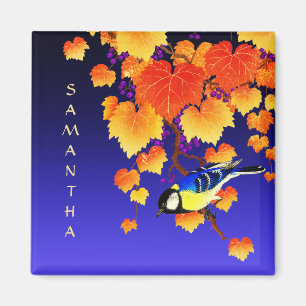 Herfst Grape Vine Great Tit Bird Leaves Blue Magneet