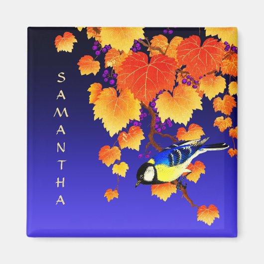 Herfst Grape Vine Great Tit Bird Leaves Blue Magneet (Voorkant)