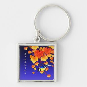 Herfst Grape Vine Great Tit Bird Leaves Blue Sleutelhanger