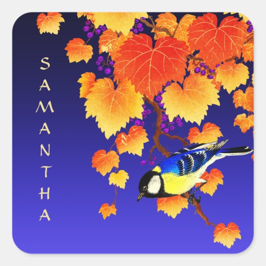 Herfst Grape Vine Great Tit Bird Leaves Blue Vierkante Sticker (Voorkant)