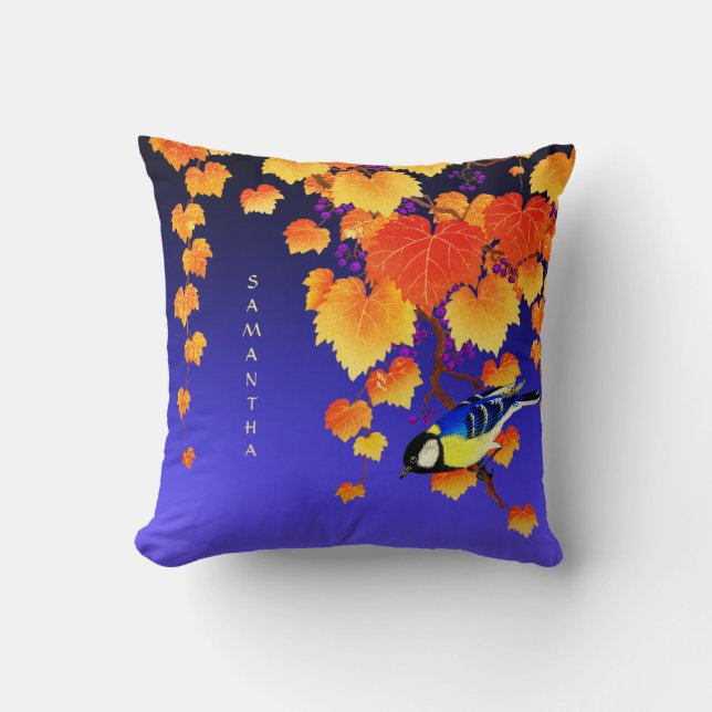 Herfst Grape Vine Oranje Gold Leaves Great Tit Bir Kussen (Voorkant)