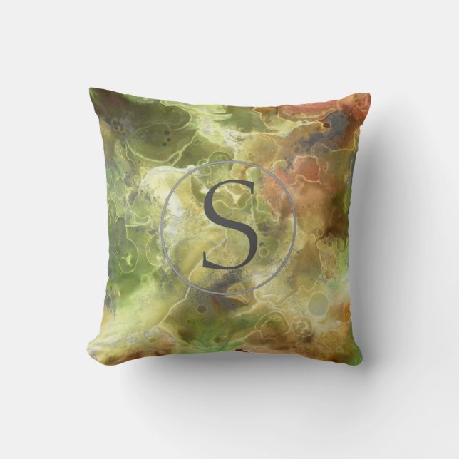 Herfst Green Brown Beige Floral Waterverf Monogram Kussen (Voorkant)