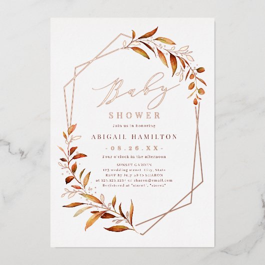 Herfst Greenery Geometric Rustic Baby shower Folie Uitnodiging (Voorkant)