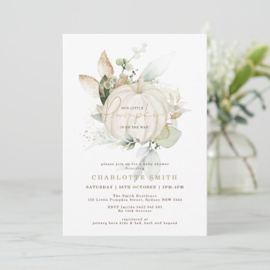 Herfst Greenery Gold Pumpkin Couples Baby shower Kaart (Staand voorkant)