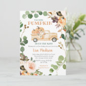 Herfst Greenery Peach Pumpkin Truck Baby shower Kaart (Staand voorkant)