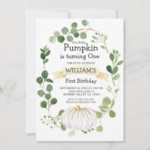 Herfst Greenery Pumpkin Boy First Birthday  Kaart (Voorkant)