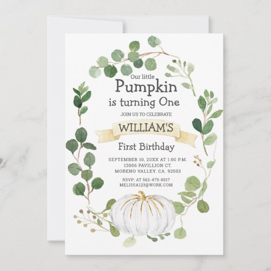 Herfst Greenery Pumpkin Boy First Birthday  Kaart (Voorkant)